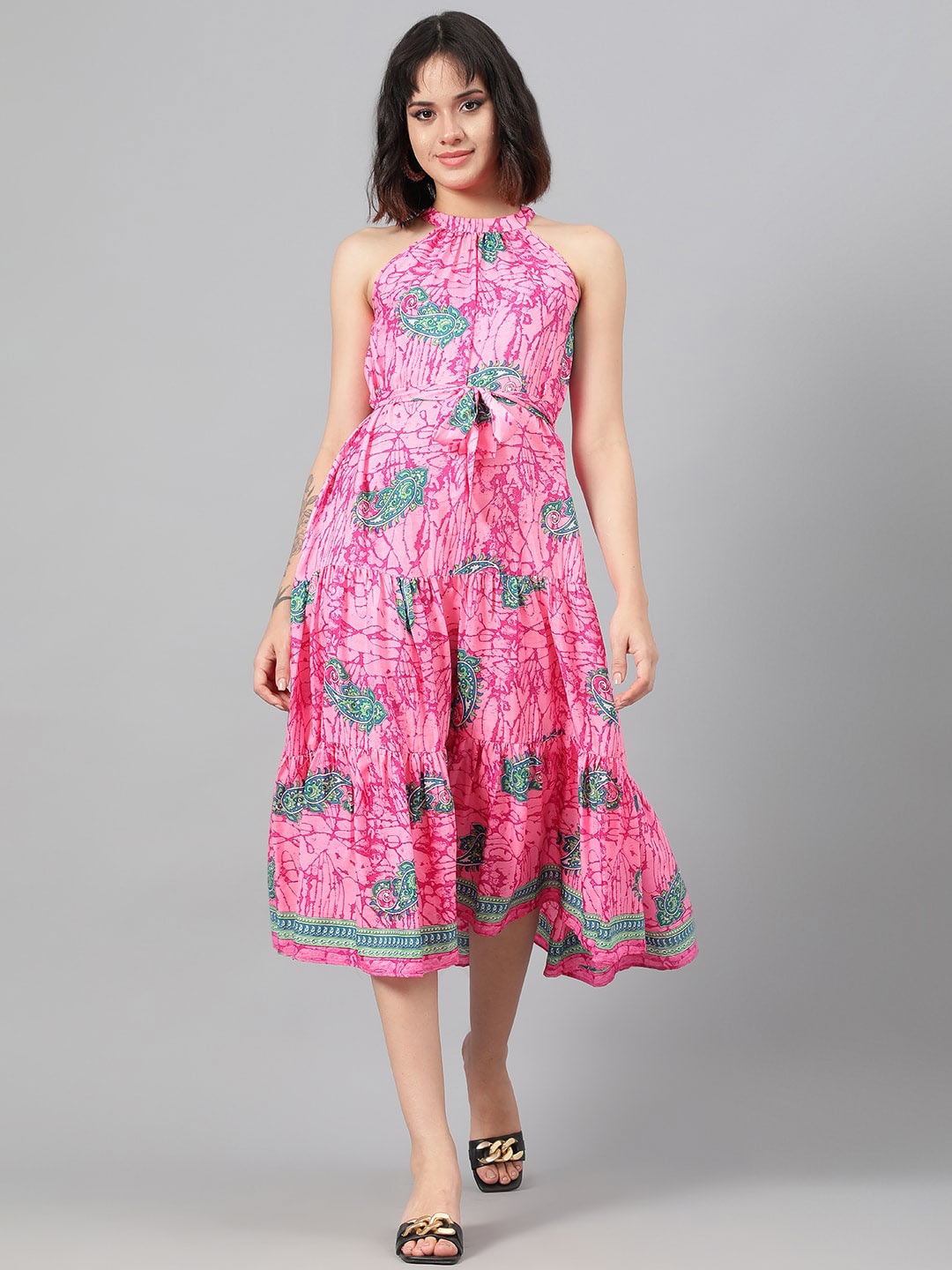 

Kotty Pink Ethnic Motif Printed Tiered Fit & Flare Midi Dress With Belt