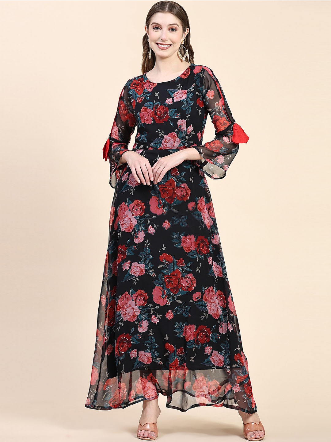 

KALINI Floral Printed Georgette A-Line Ethnic Dress, Black