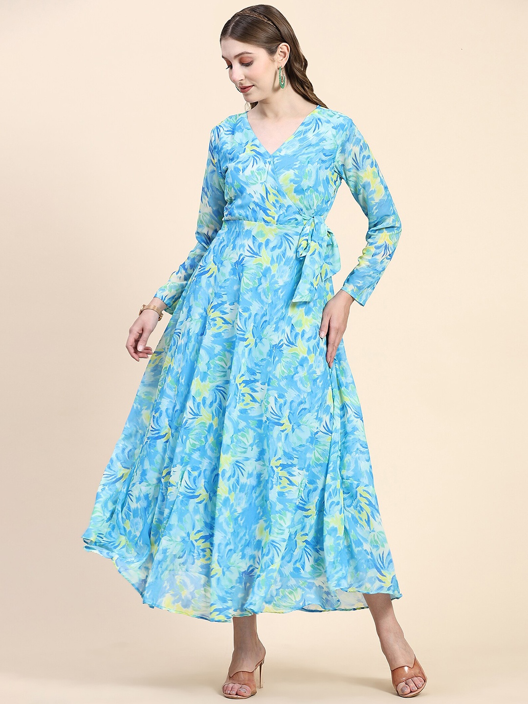 

KALINI Floral Printed Georgette Fit & Flare Ethnic Dress, Blue