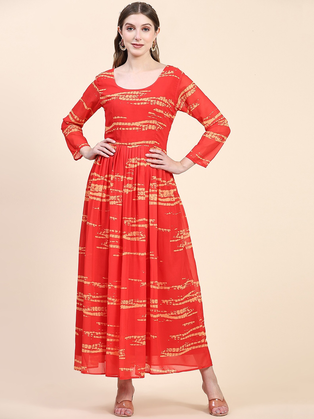 

KALINI Abstract Printed Fit And Flared Maxi Gathered Ethnic Drees, Red