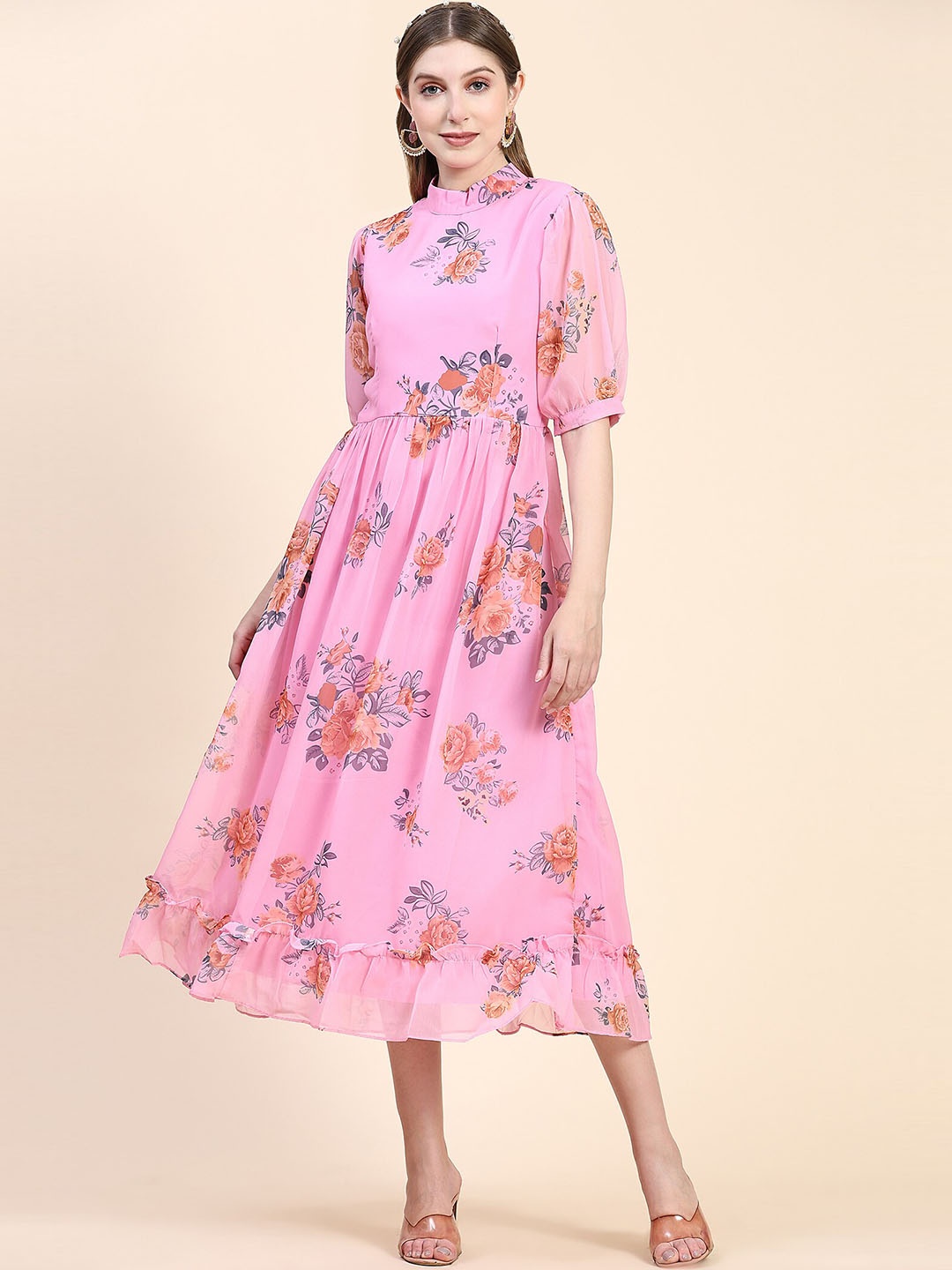 

KALINI Floral Printed High Neck Puff Sleeves Fit And Flared Midi Gathered Ethnic Drees, Pink