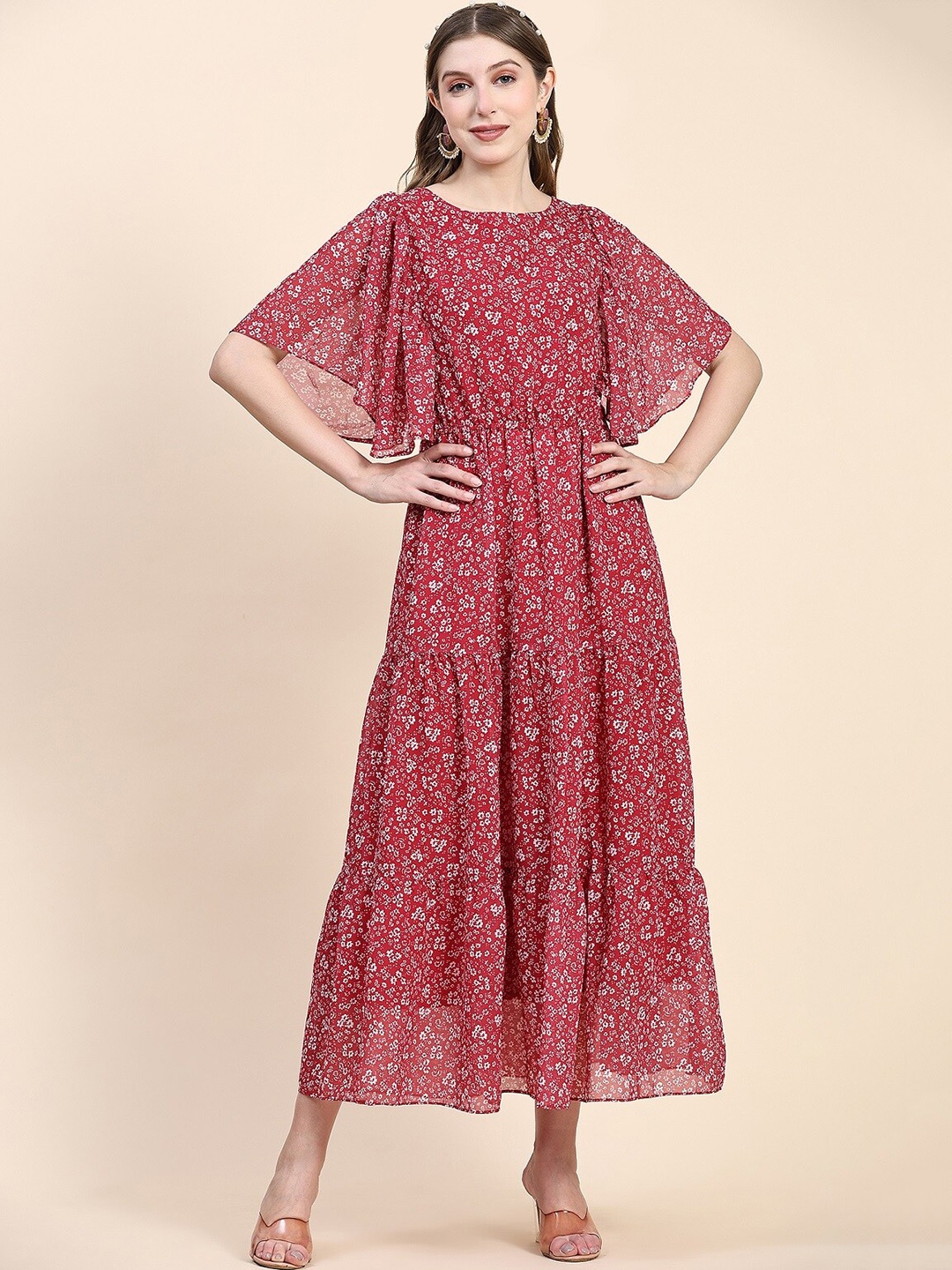 

KALINI Floral Printed Georgette Fit & Flared Ethnic Dress, Red