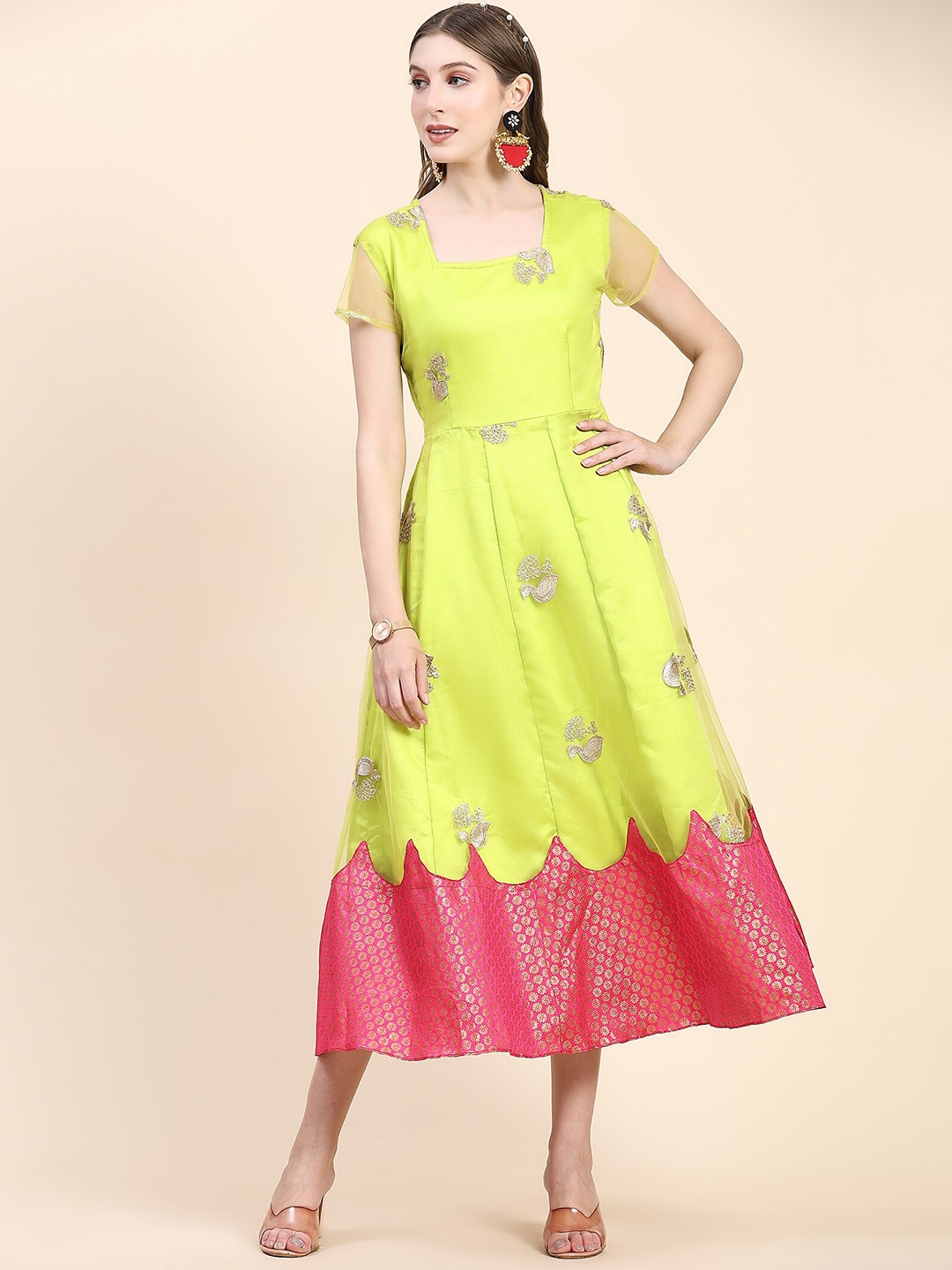 

KALINI Ethnic Motifs Embroidered Fit & Flare Maxi Ethnic Dress, Lime green