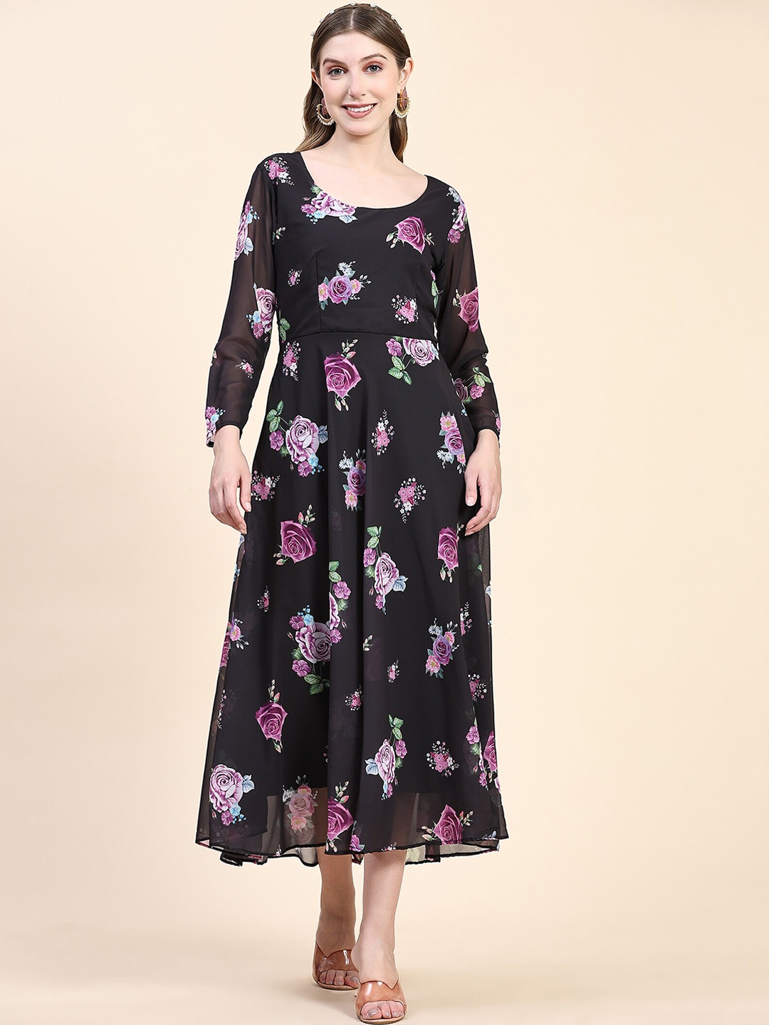 

KALINI Floral Printed Fit And Flared Maxi Ethnic Drees, Black