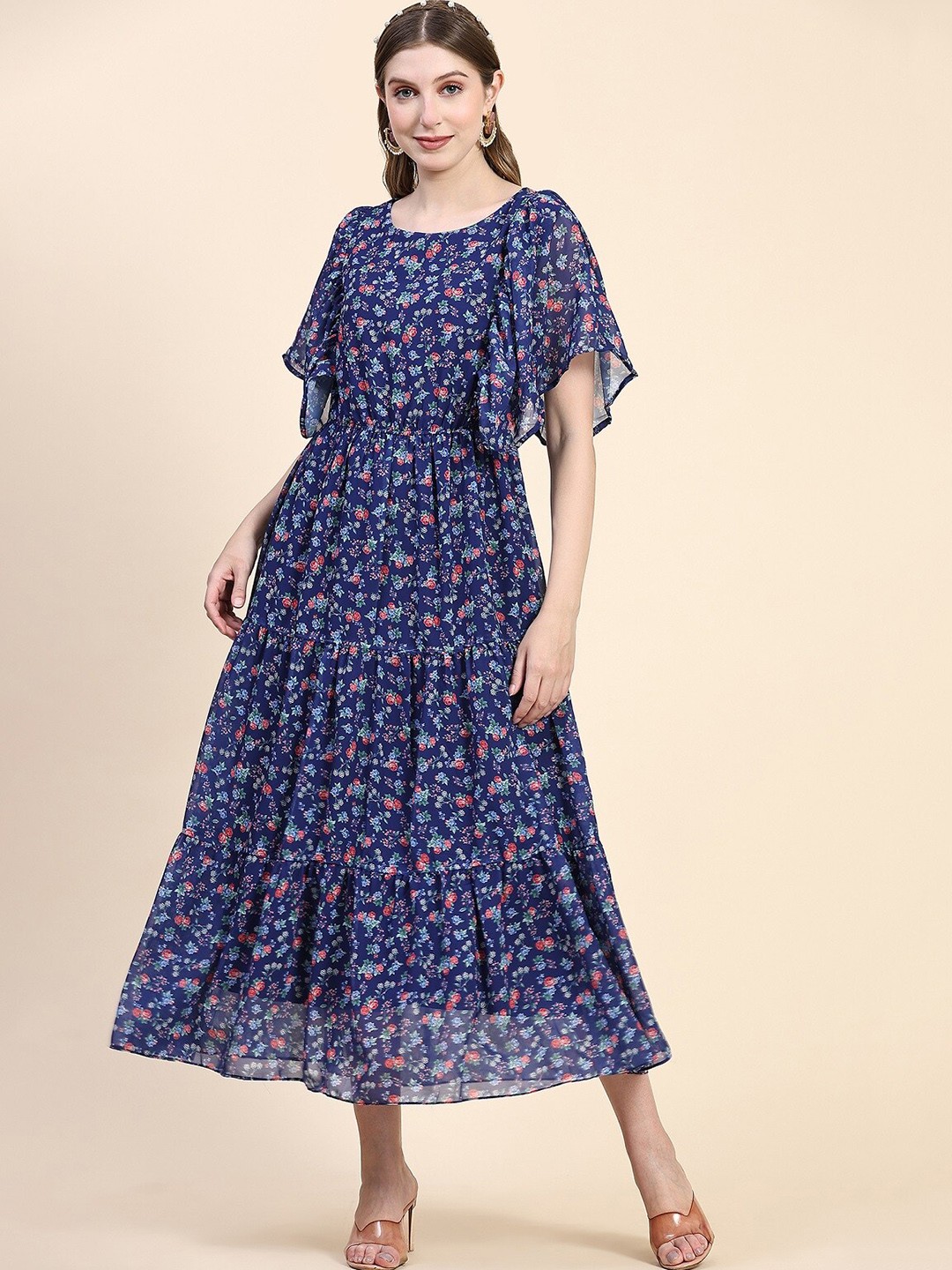 

KALINI Floral Printed Butterfly Sleeves Fit And Flared Maxi Gathered Ethnic Drees, Navy blue