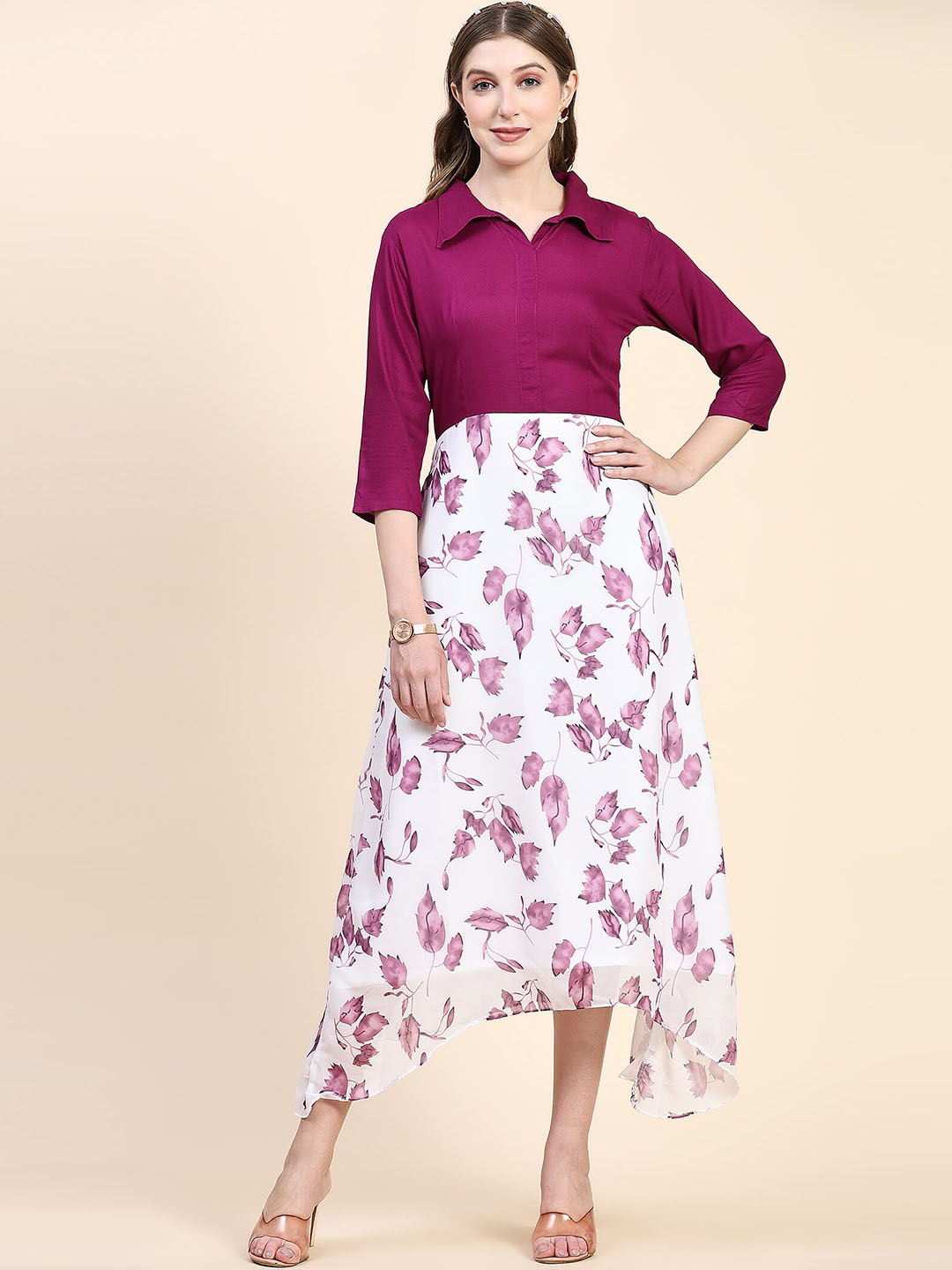 

KALINI Floral Printed Shirt Collar Fit And Flared Maxi Ethnic Drees, Purple