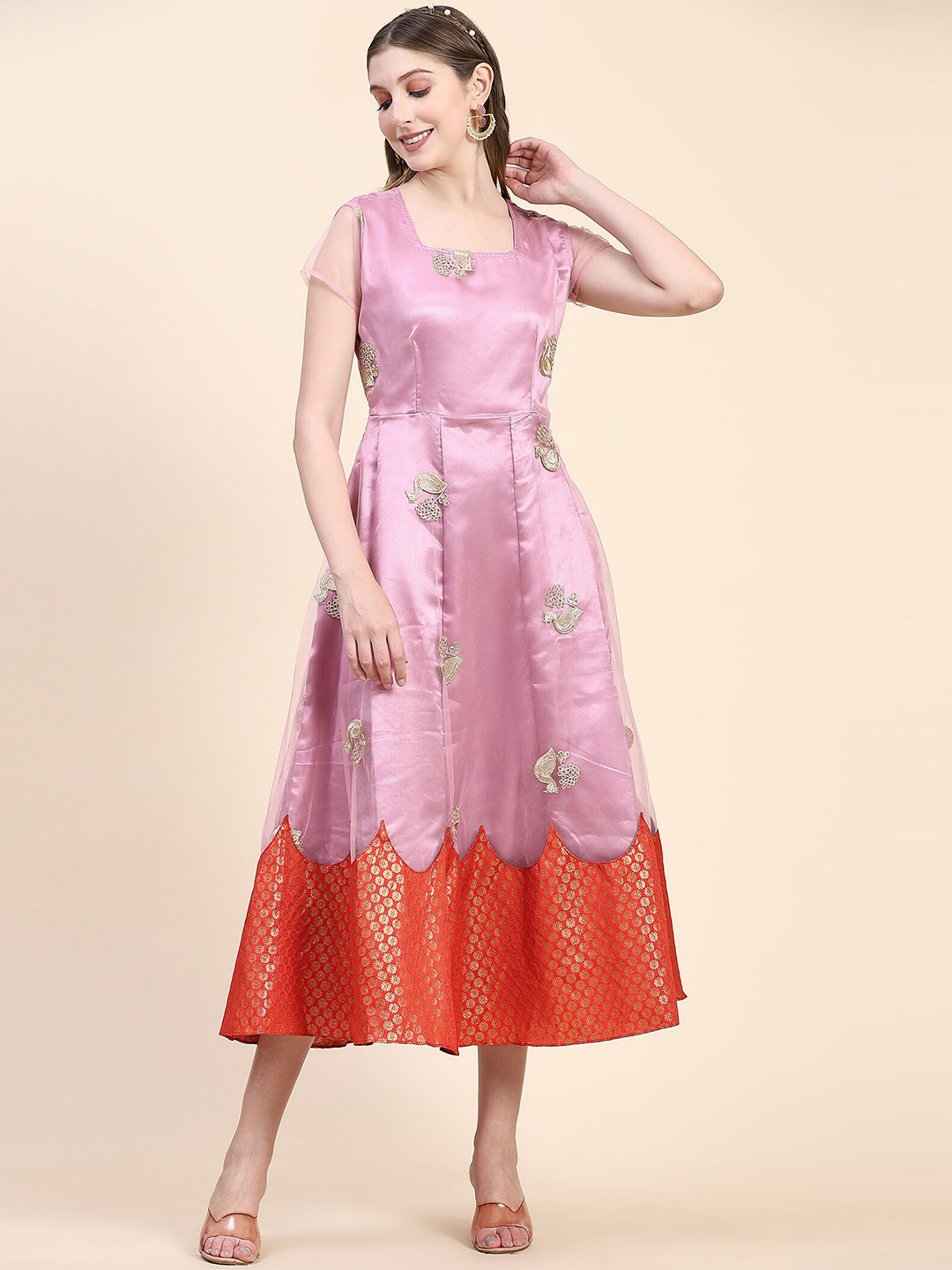 

KALINI Embroidery Fit And Flared Midi Silk Ethnic Drees, Pink