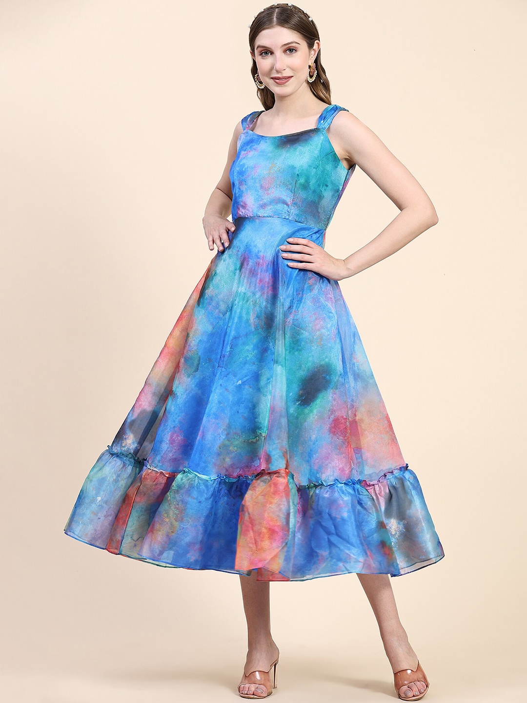 

KALINI Tie & Dye Fit And Flared Midi Gathered Ethnic Drees, Blue