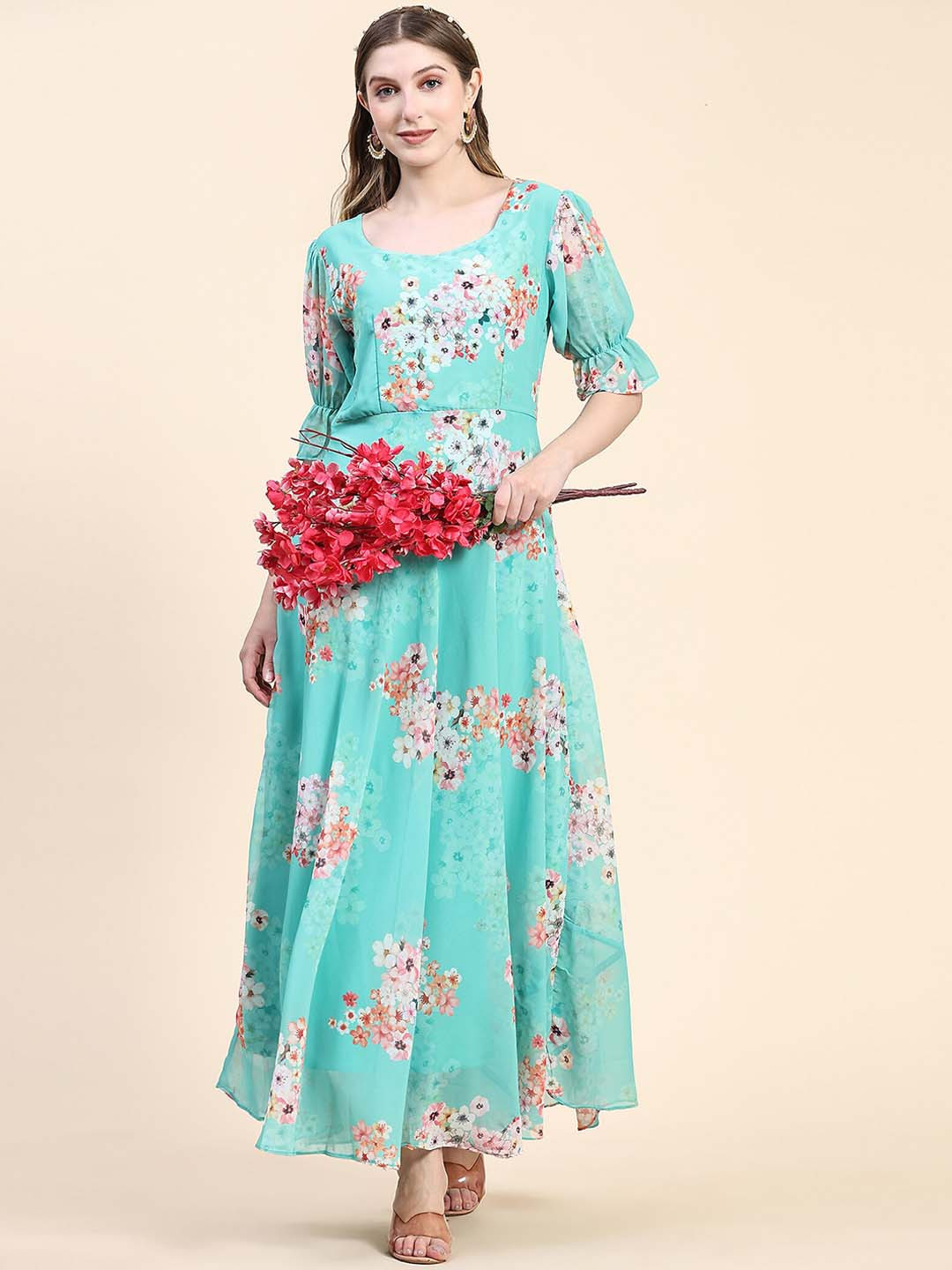

KALINI Floral Printed Puff Sleeves Fit And Flared Maxi Ethnic Drees, Green