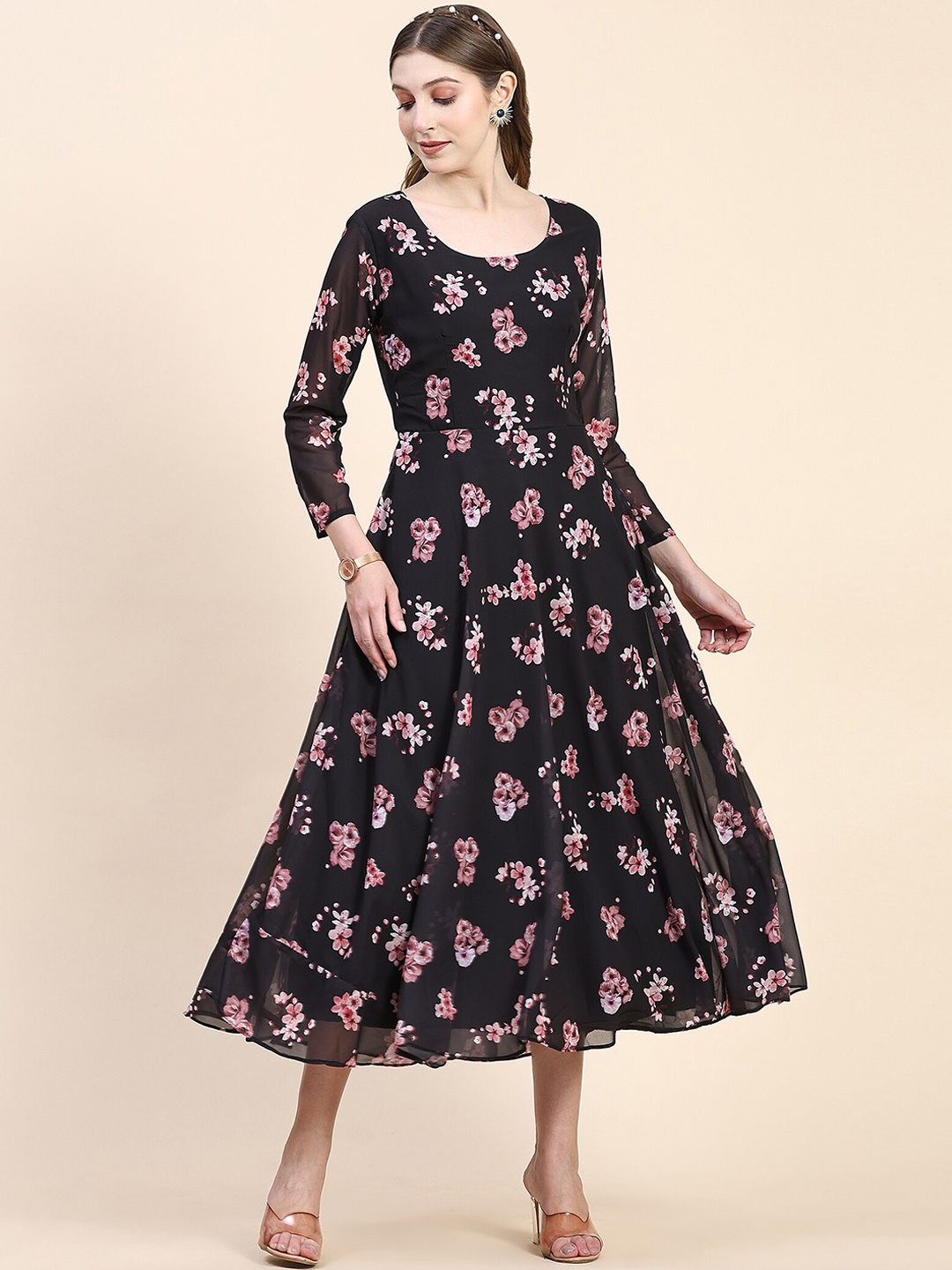 

KALINI Floral Printed Fit And Flared Maxi Ethnic Drees, Black