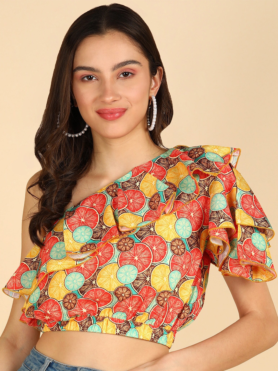 

ZNX Clothing Floral Printed One Shoulder Flared Sleeves Ruffles Blouson Crop Top, Orange