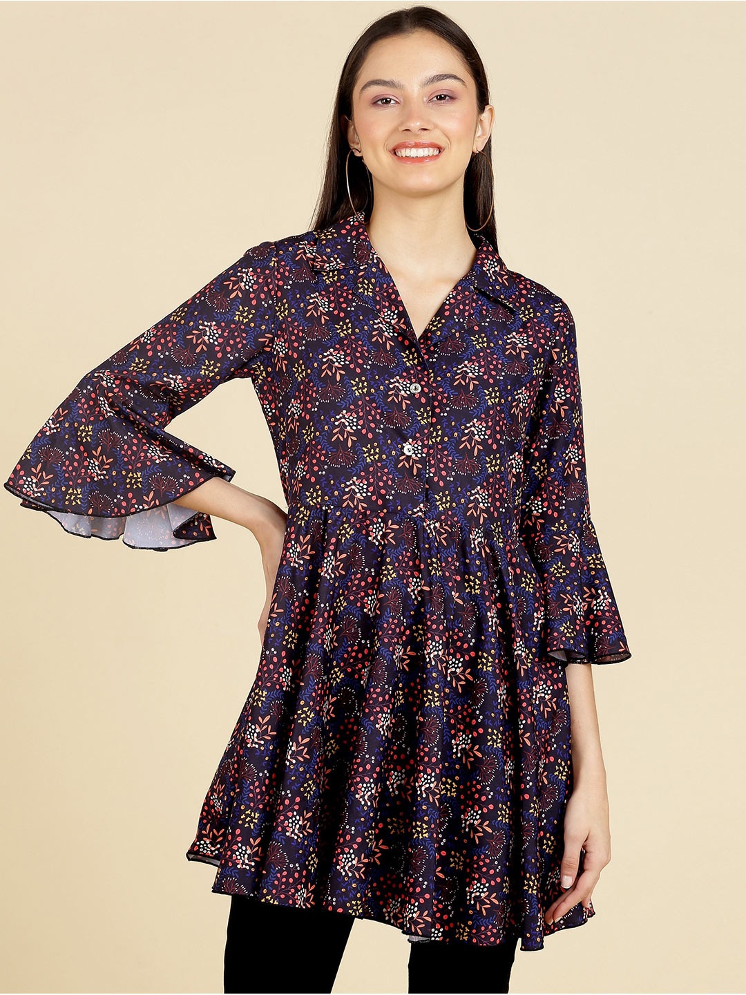 

ZNX Clothing Floral Printed Shirt Collar Bell Sleeves Empire A-Line Kurti, Blue
