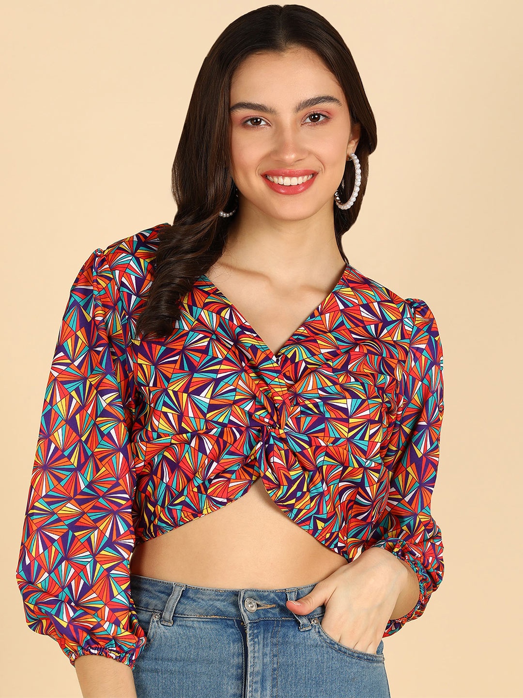 

ZNX Clothing Geometric Printed Puff Sleeves Front Knot Crop Top, Red