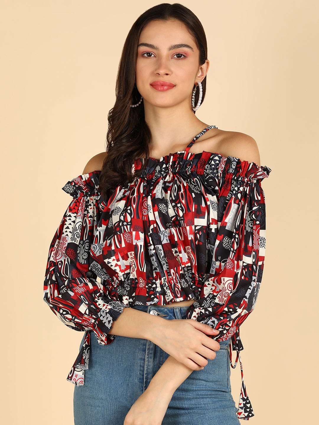 

ZNX Clothing Floral Printed Off-Shoulder Bardot Top, Black