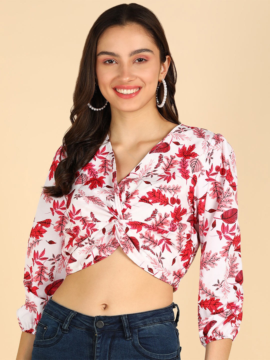 

ZNX Clothing Floral Print V-Neck Twisted Crop Top, White