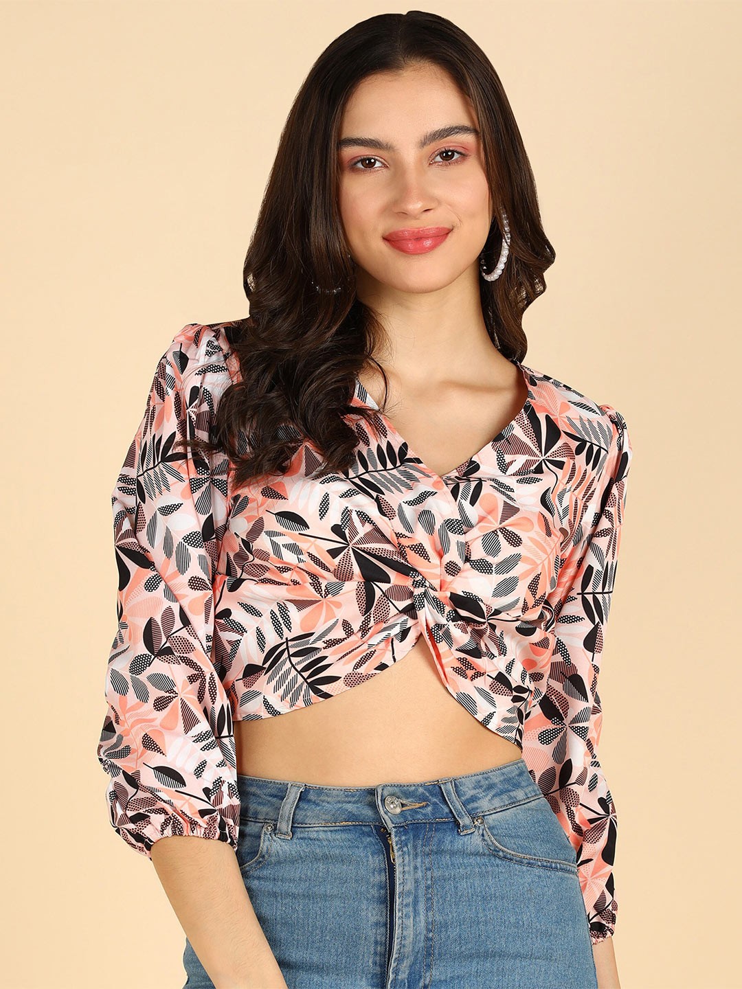 

ZNX Clothing Floral Printed Twisted Crop Top, Beige