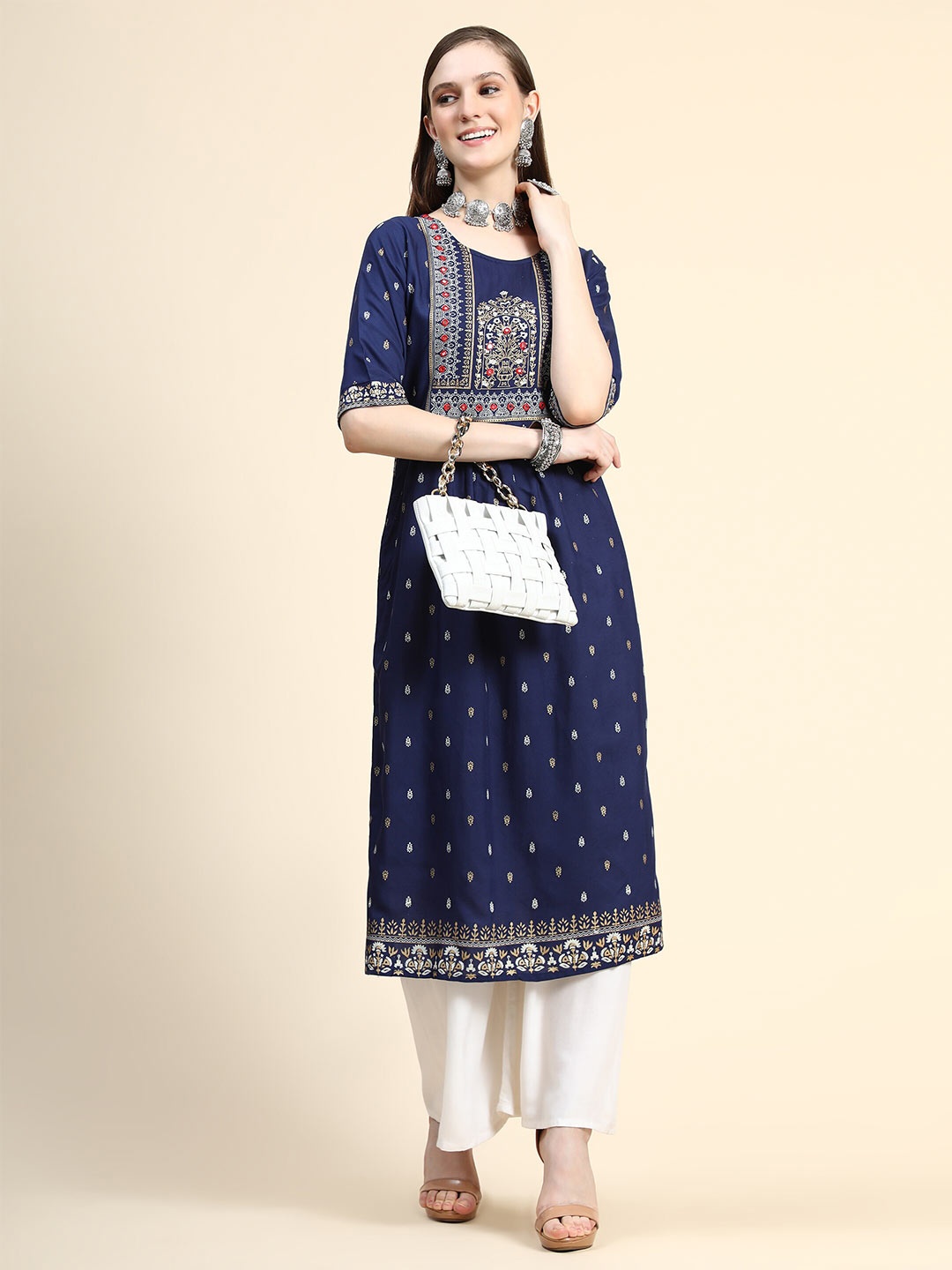 

AVANSHEE Ethnic Motifs Printed A-Line Kurta, Navy blue