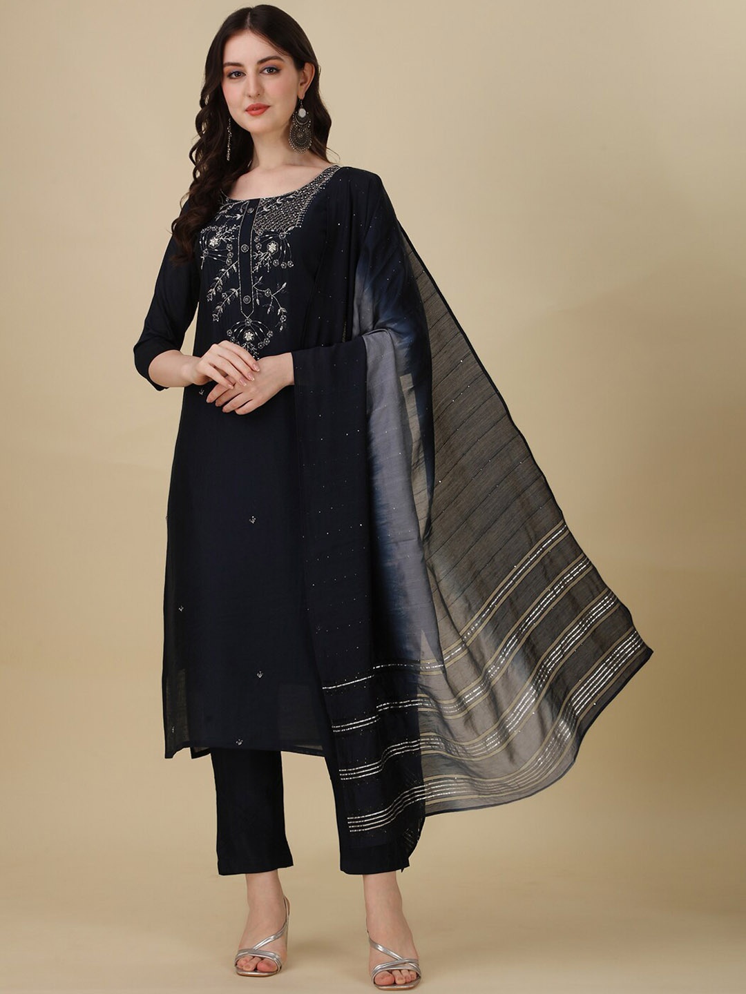 

Berrylicious Embroidered Sequined Chanderi Cotton Kurta with Trousers & Dupatta, Navy blue