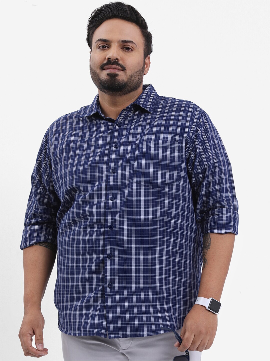 

HIGHLANDER Plus Size Tattersall Checked Spread Collar Cotton Shirt, Blue