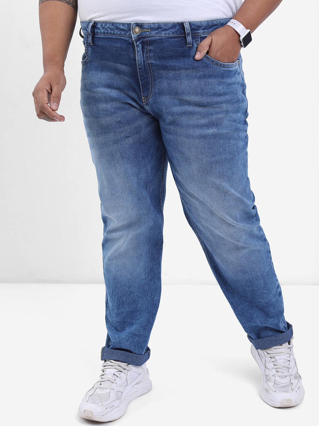 

HIGHLANDER Plus Size Men Mid-Rise Slim Fit Heavy Fade Stretchable Jeans, Blue