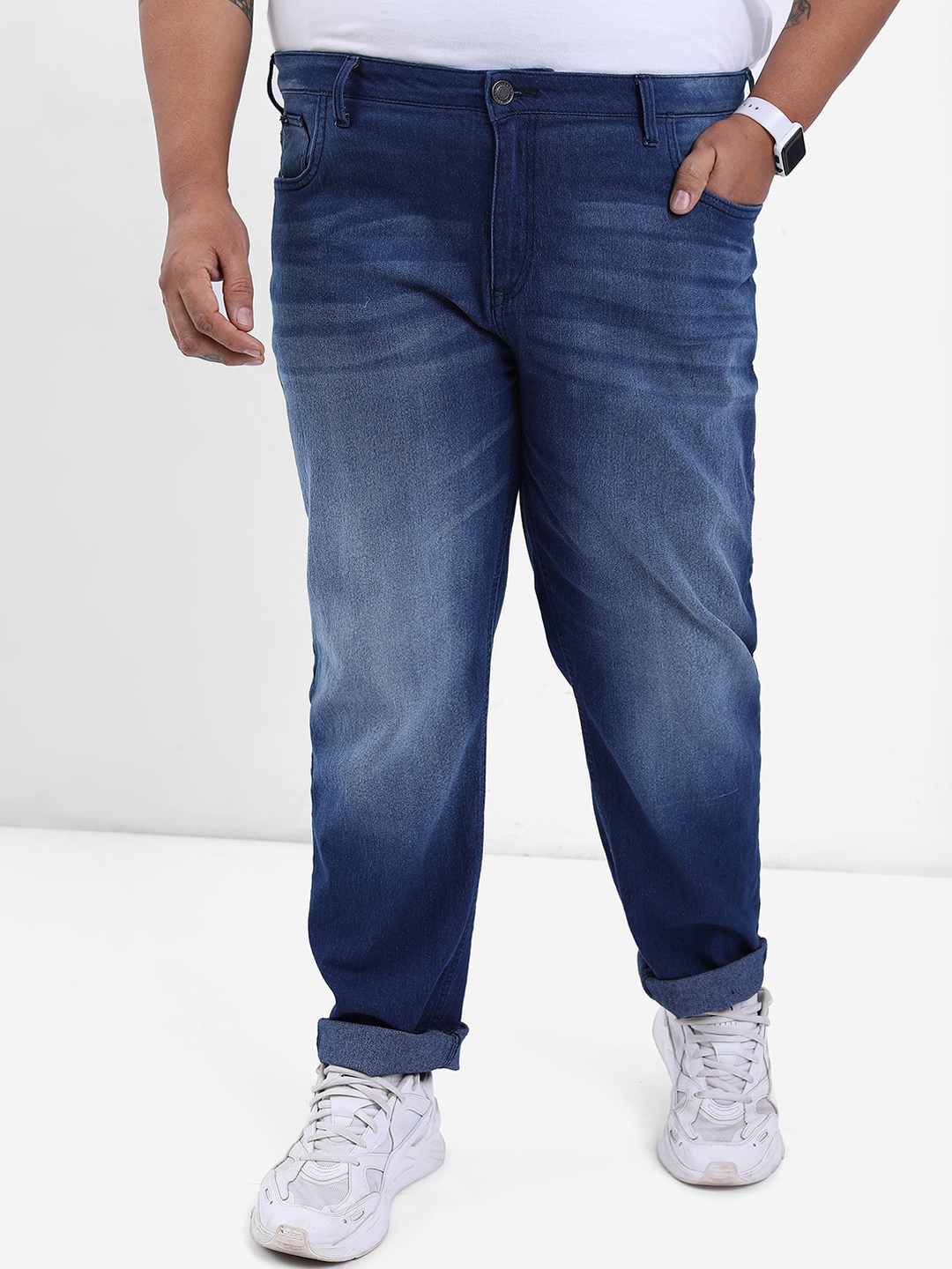 

HIGHLANDER Plus Size Men Mid-Rise Slim Fit Heavy Fade Stretchable Jeans, Blue