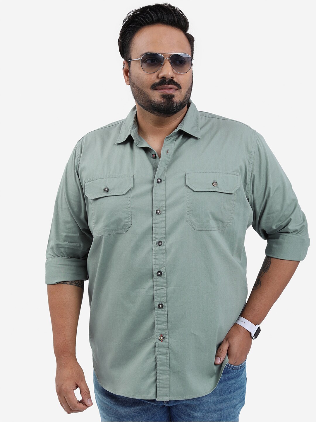 

HIGHLANDER Plus Size Spread Collar Cotton Shirt, Green