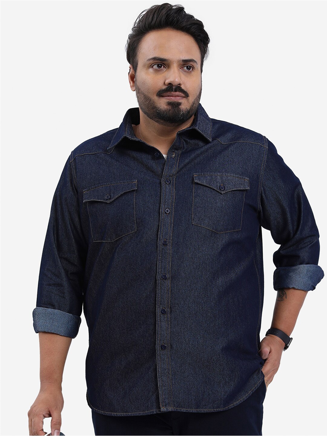 

HIGHLANDER Plus Size Spread Collar Cotton Denim Shirt, Navy blue