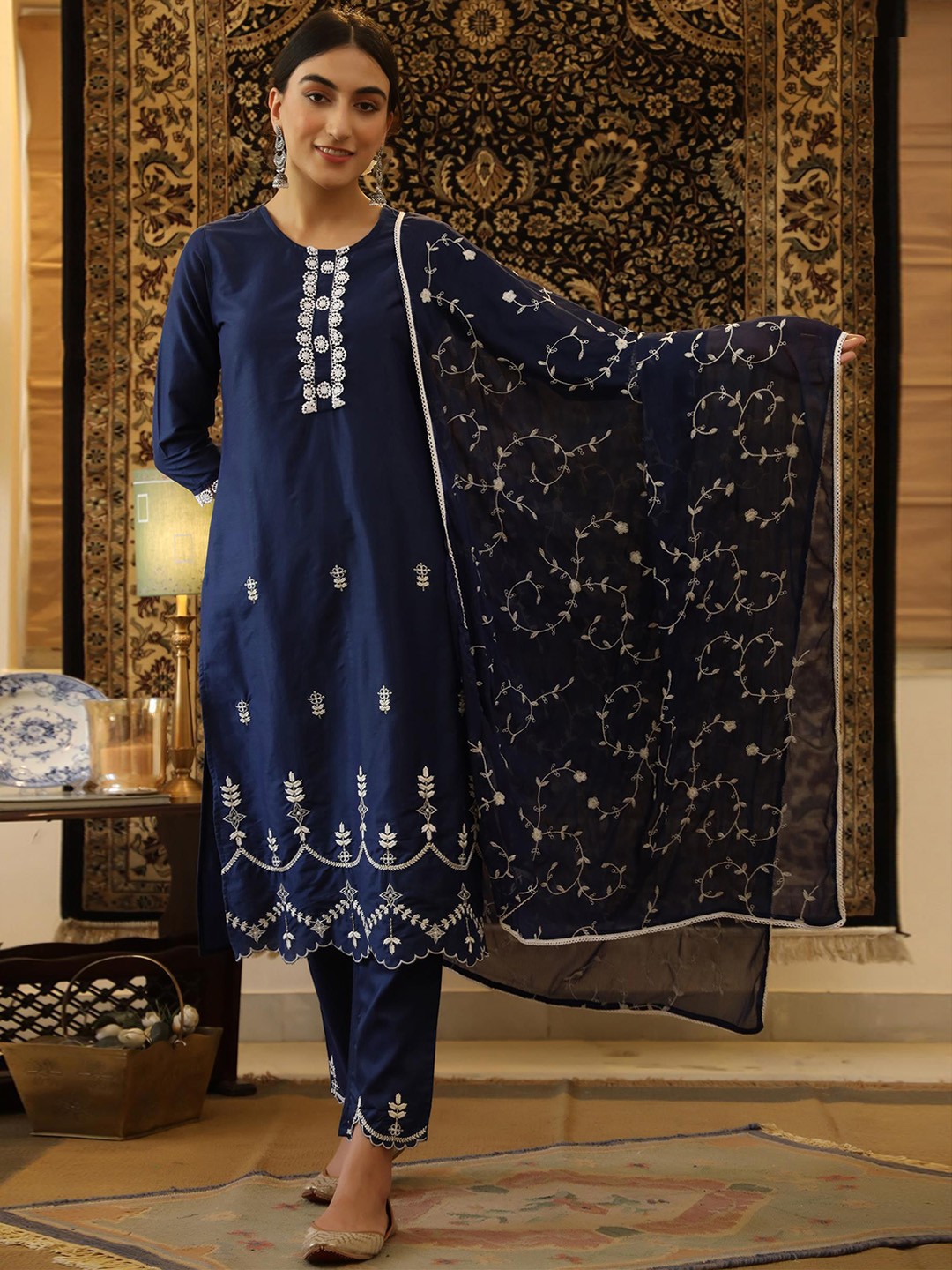 

SCAKHI Floral Embroidered Kurta with Trousers & Dupatta, Navy blue