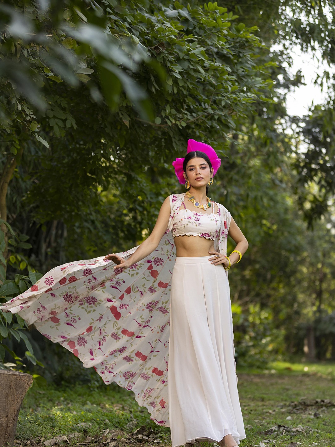 

SCAKHI Floral Embellished Top with Palazzos & Shrug, Off white