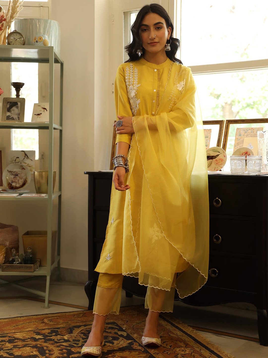 

SCAKHI Floral Embroidered Mirror Work Pure Silk Kurta with Trousers & Dupatta, Yellow