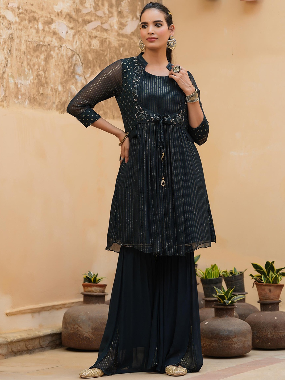 

SCAKHI Striped Thread Work Anarkali Kurta with Sharara, Teal