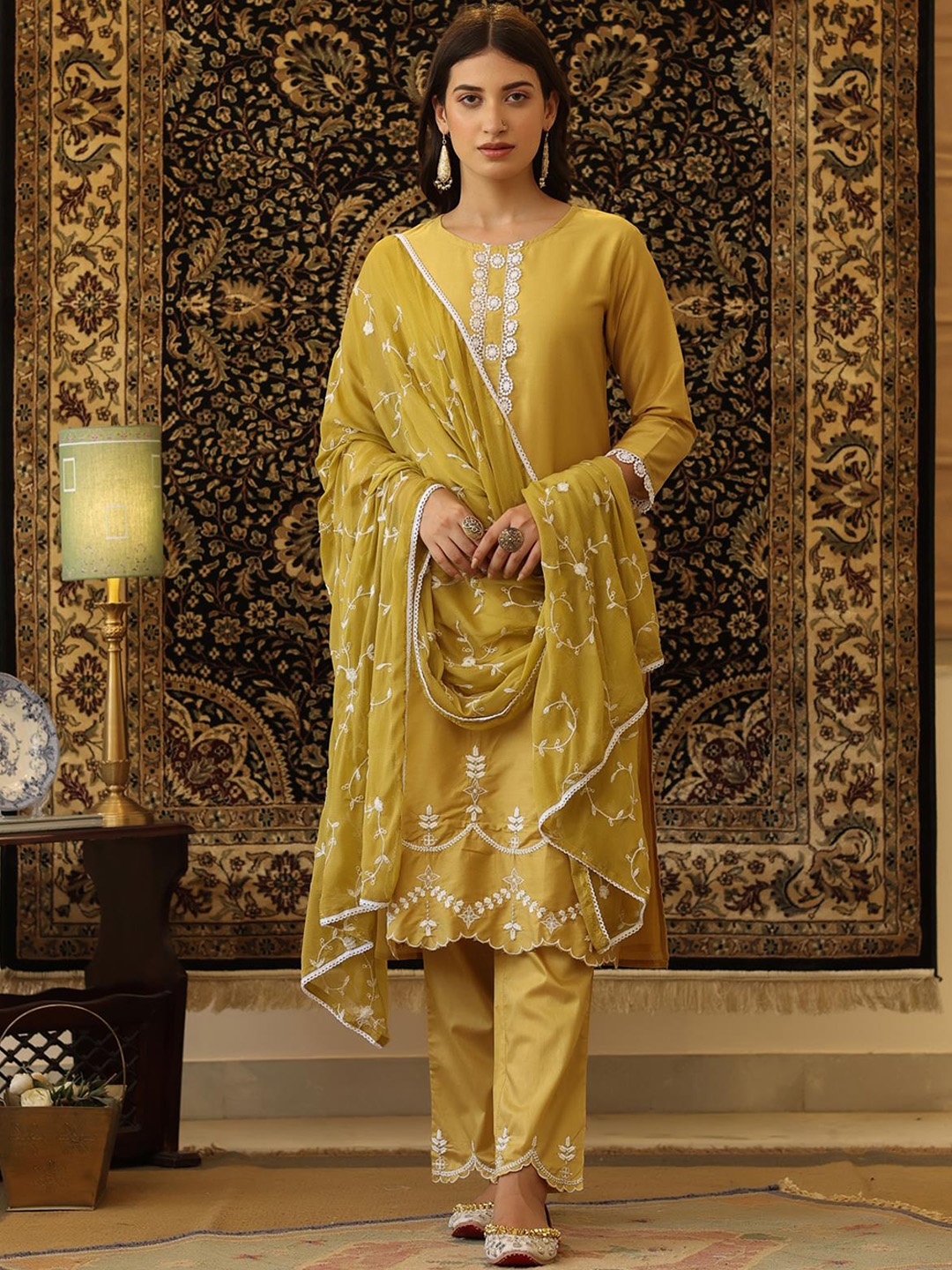 

SCAKHI Floral Embroidered Kurta with Trousers & Dupatta, Mustard