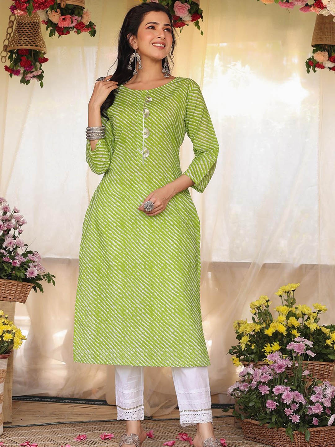 

SCAKHI Leheriya Printed Kurta, Green