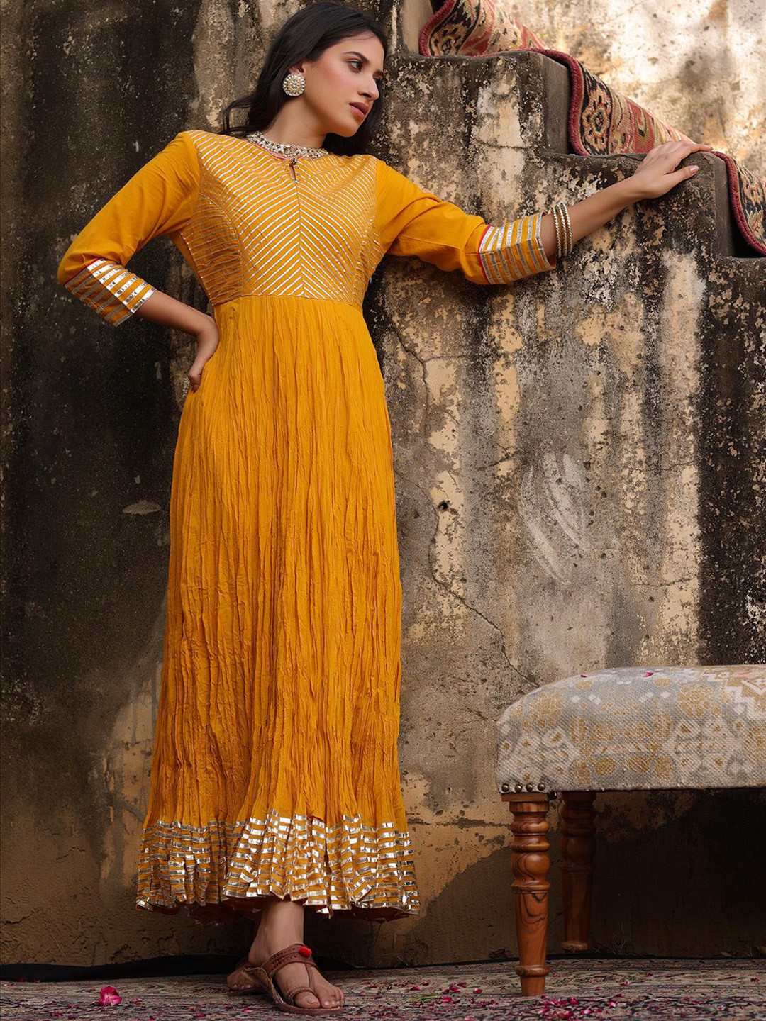 

SCAKHI Striped Yoke Design Maxi Ethnic Dress, Yellow