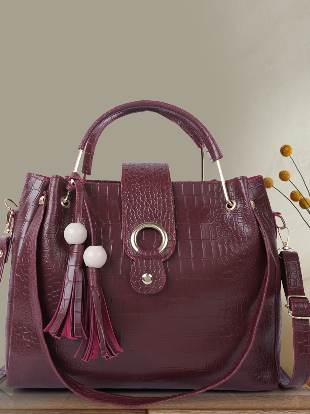 

DressBerry Maroon Textured Structured Satchel Bag With Tassel