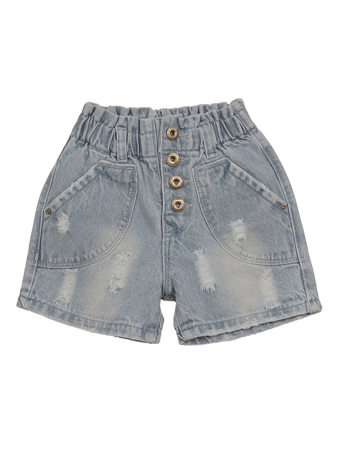 

Lil Lollipop Girls Washed Mid-Rise Highly Distressed Pure Cotton Denim Shorts, Blue