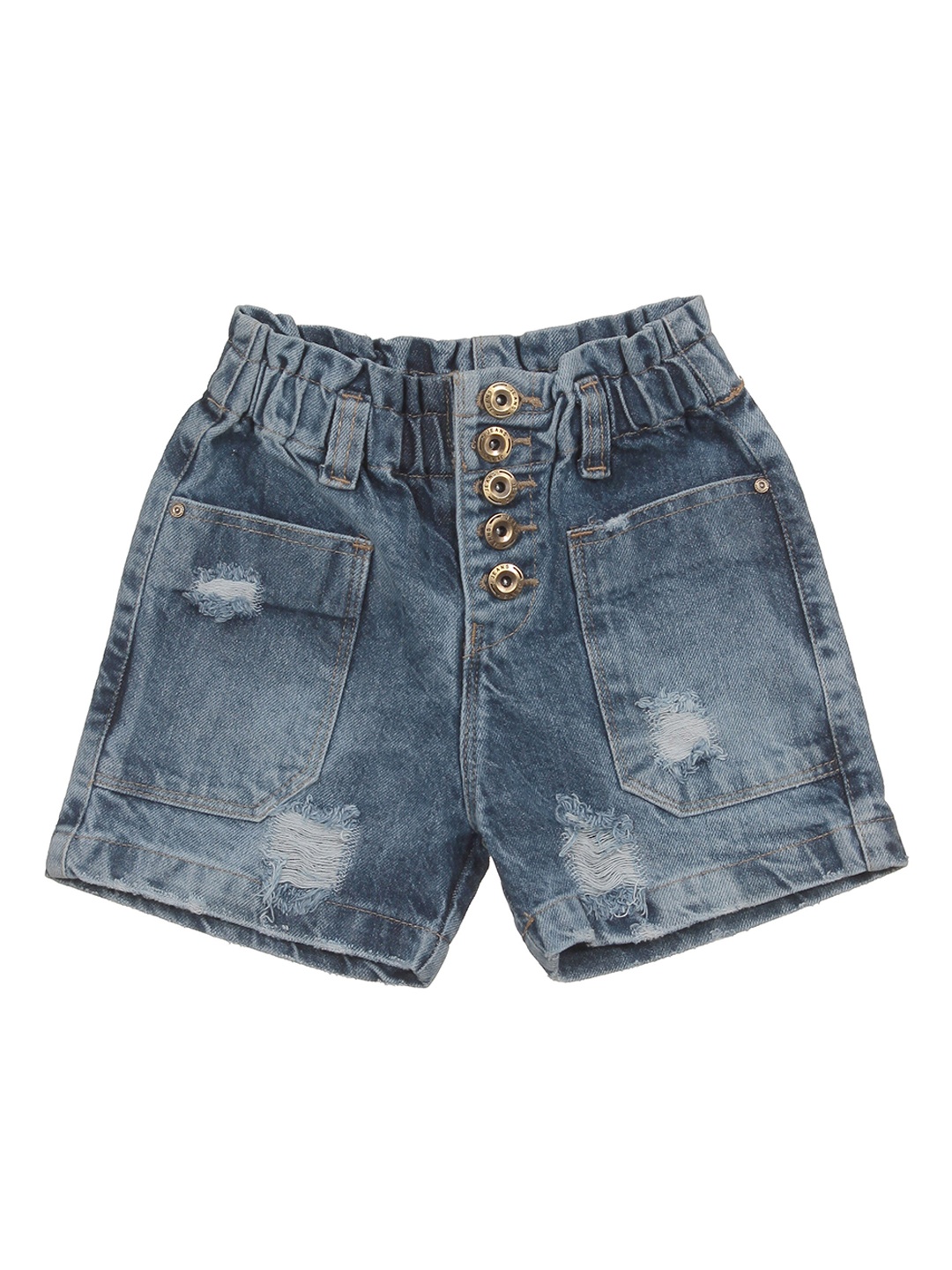 

Lil Lollipop Girls Washed Mid-Rise Highly Distressed Pure Cotton Denim Shorts, Blue