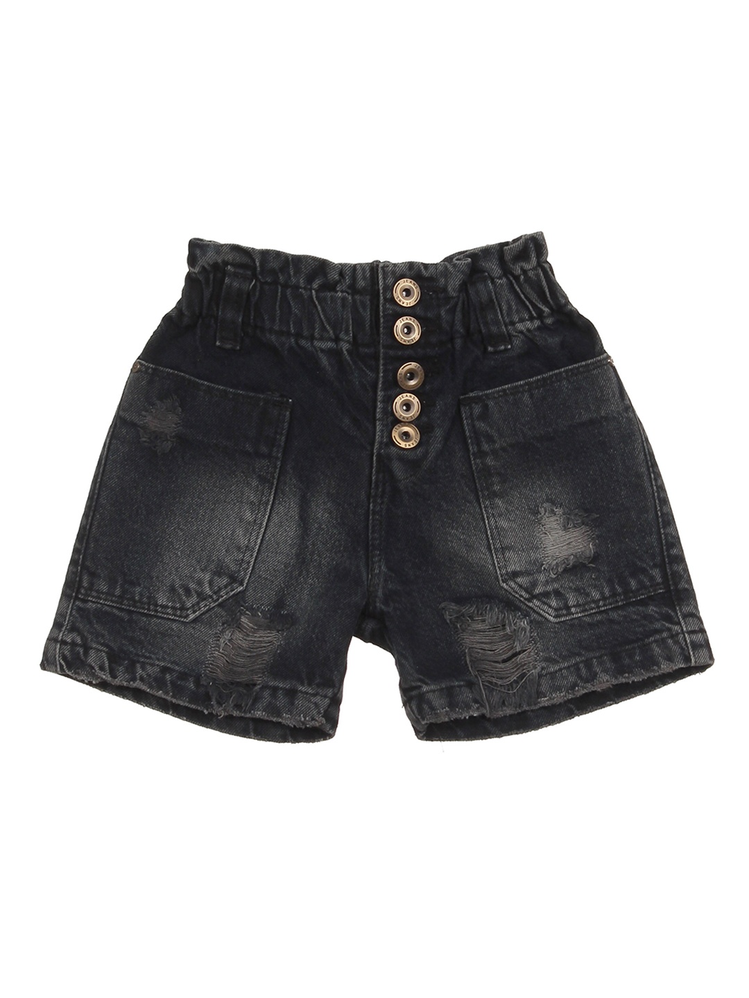 

Lil Lollipop Girls Washed Mid-Rise Highly Distressed Pure Cotton Denim Shorts, Black