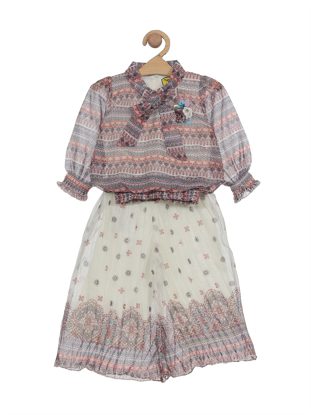

Lil Lollipop Girls Cream-Coloured & Brown Printed Top with Palazzos