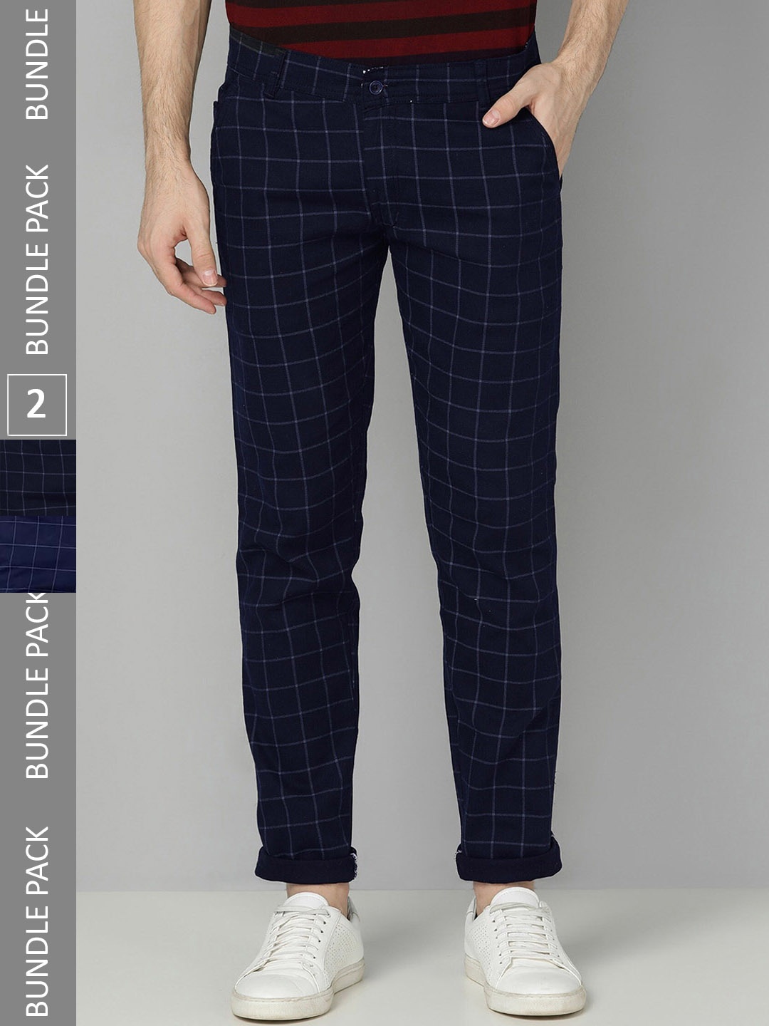 

FUBAR Men Pack Of 2 Checked Slim Fit Easy Wash Trousers, Navy blue