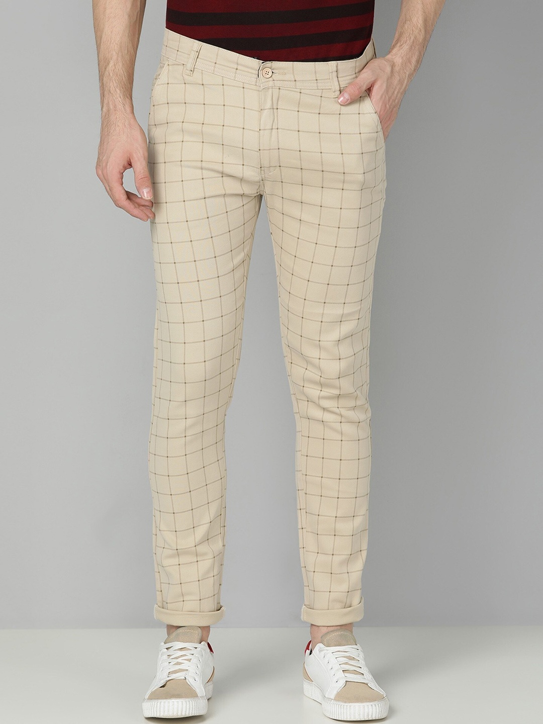 

FUBAR Men Checked Slim Fit Easy Wash Casual Trousers, Beige