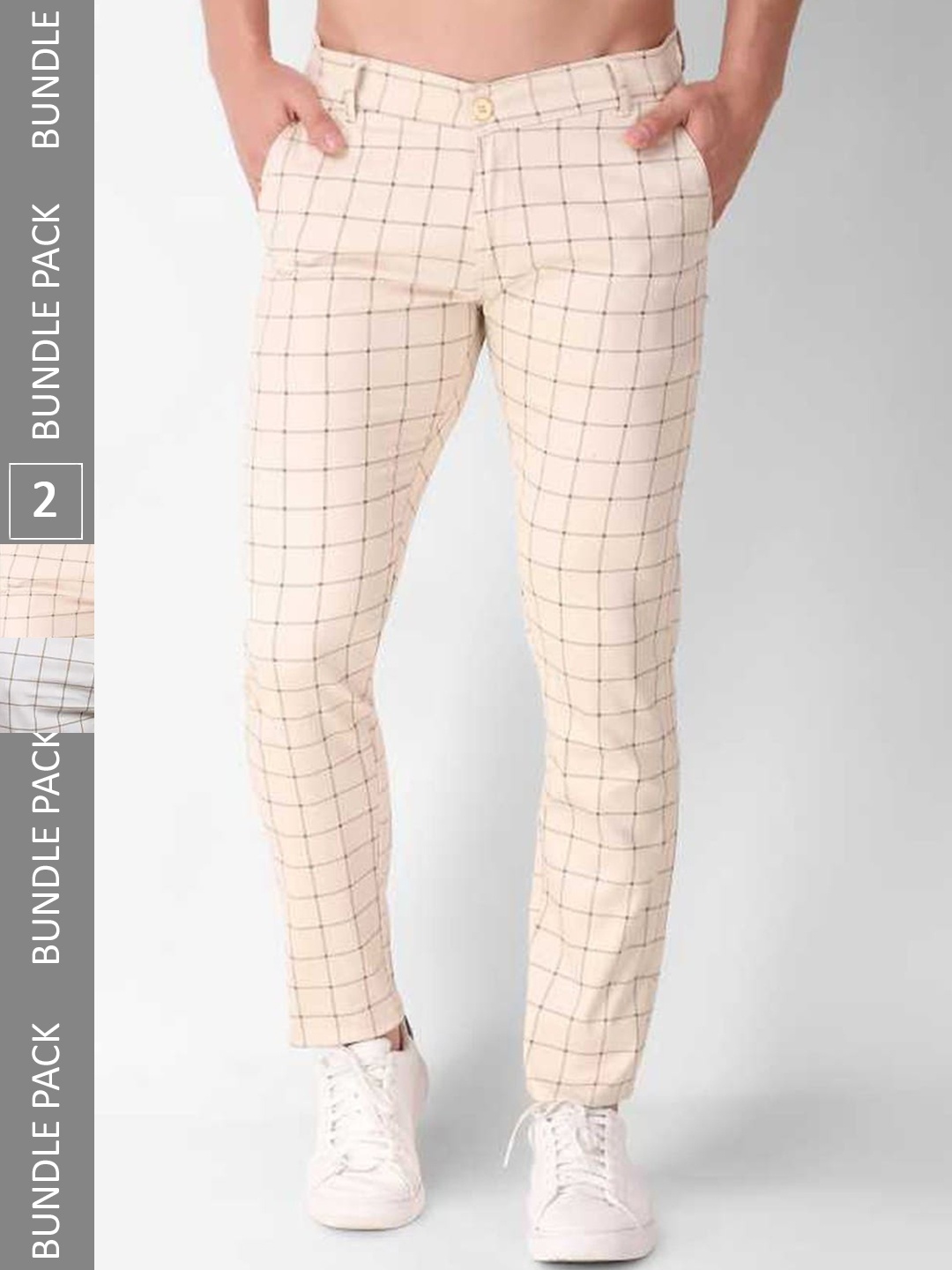 

FUBAR Men Pack of 2 Checked Slim Fit Easy Wash Casual Trousers, Cream