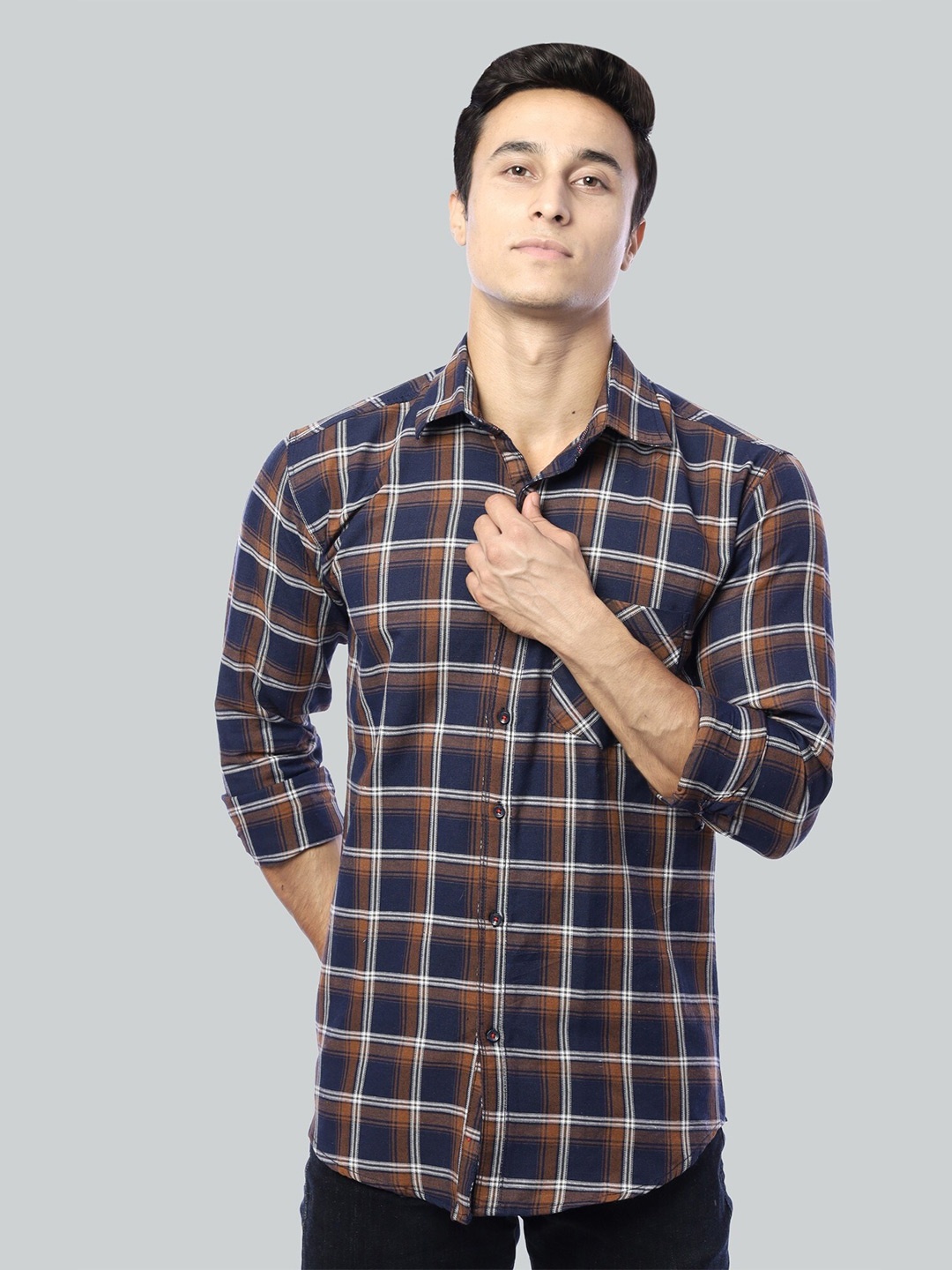 

FUBAR Tartan Checked Spread Collar Cotton Casual Shirt, Brown