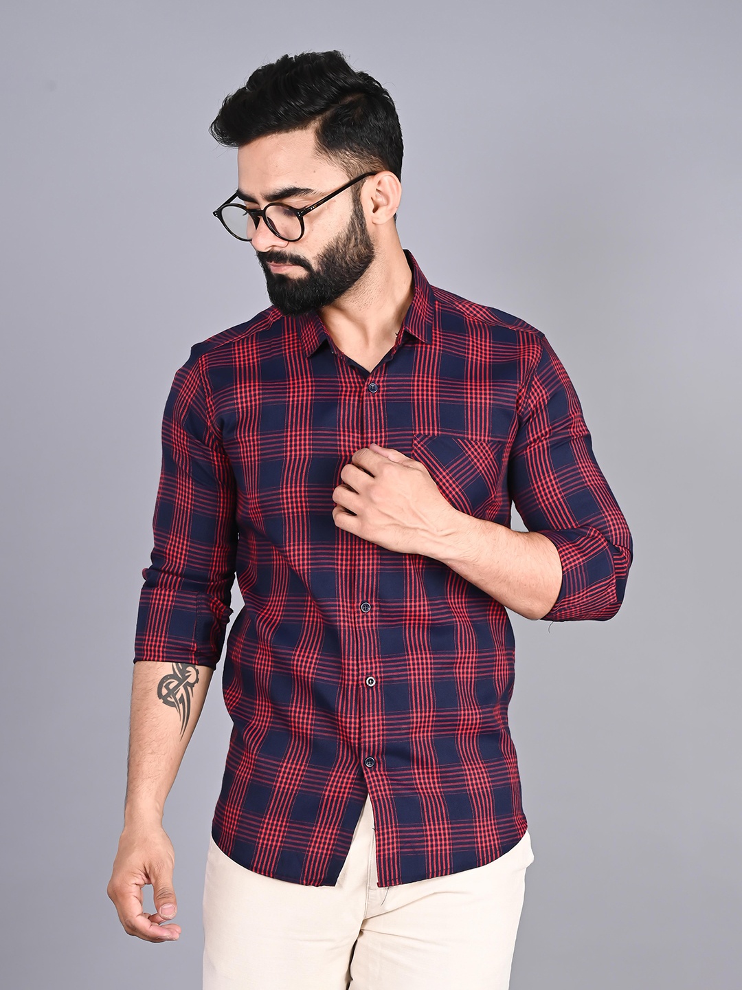 

FUBAR Checked Spread Collar Cotton Casual Shirt, Navy blue