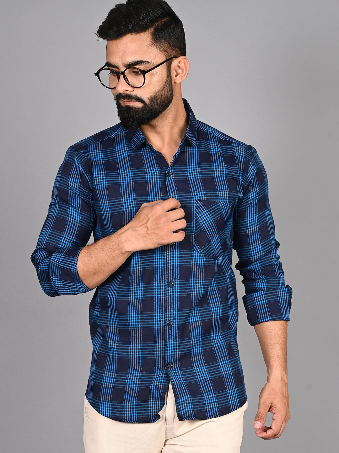 

FUBAR Slim Fit Tartan Checked Casual Shirt, Navy blue