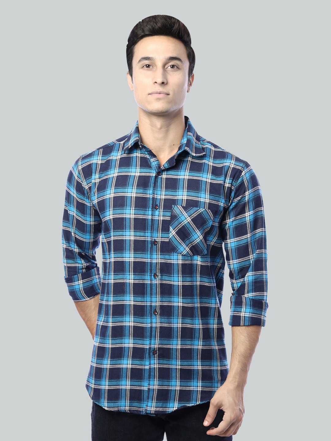 

FUBAR Slim Fit Tartan Checked Casual Shirt, Navy blue