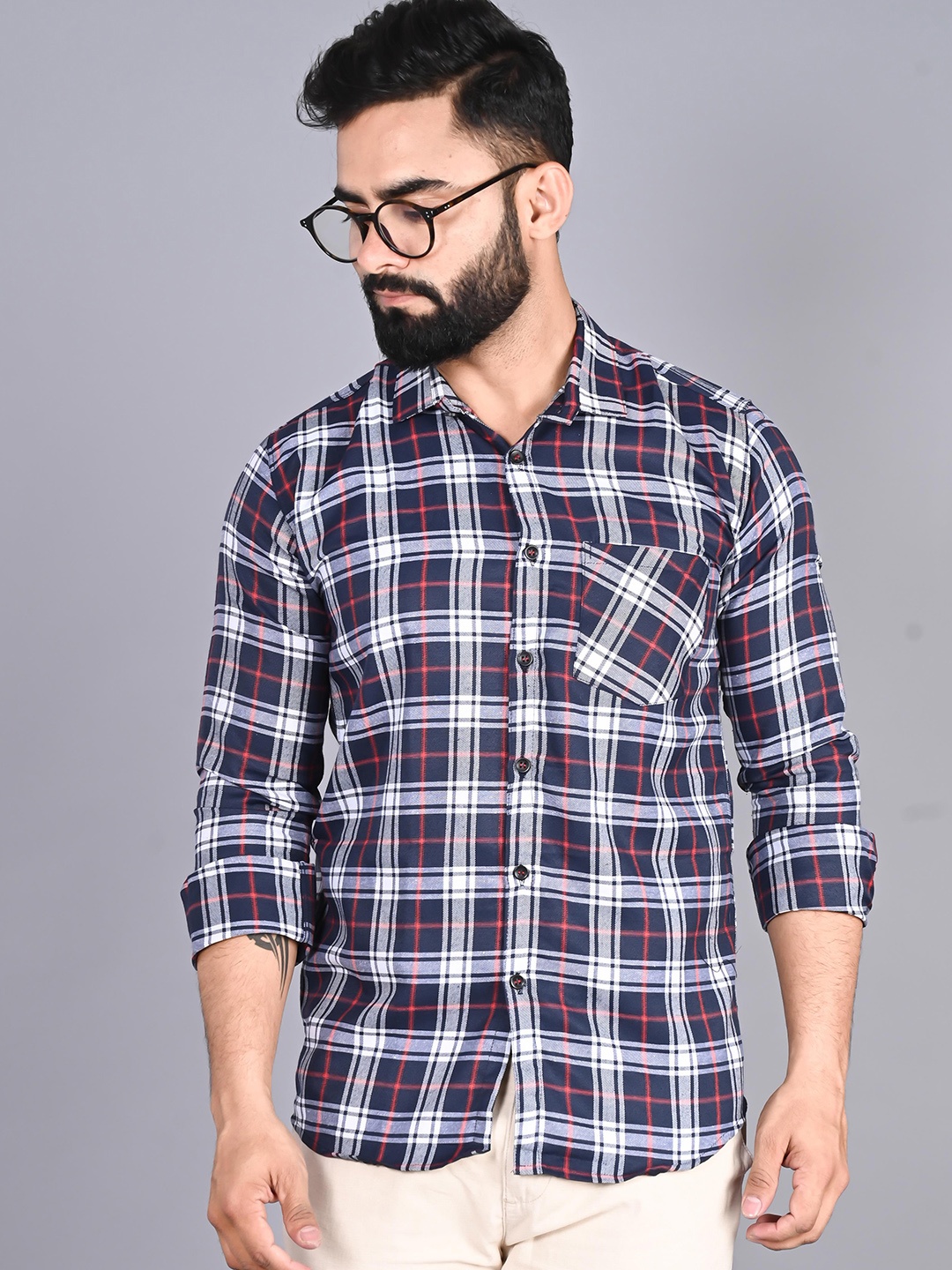 

FUBAR Slim Fit Tartan Checked Casual Shirt, Navy blue