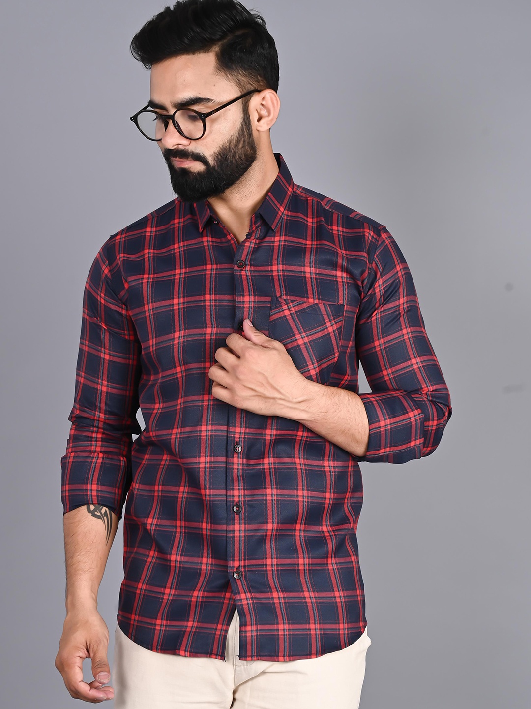 

FUBAR Slim Fit Tartan Checked Casual Shirt, Navy blue