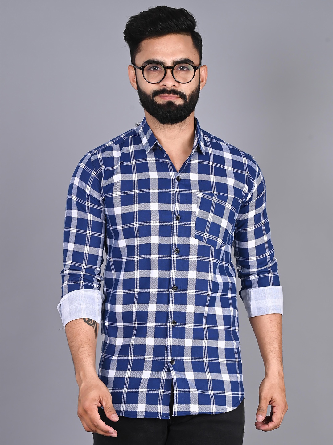 

FUBAR Slim Fit Tartan Checked Casual Shirt, Navy blue