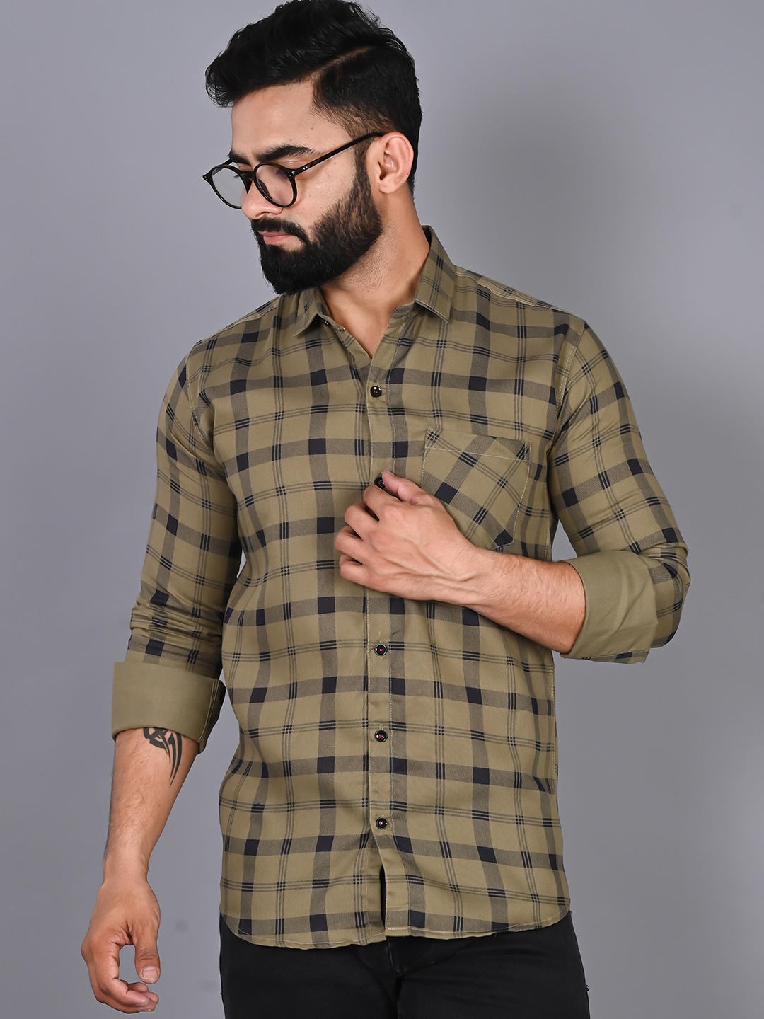 

FUBAR Slim Fit Tartan Checked Casual Shirt, Khaki